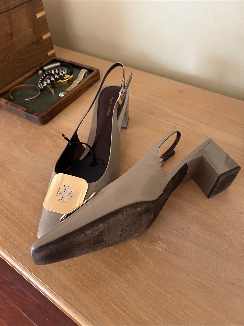 Tory Burch Taupe Leather Slingback Flats with Gold Logo Plate - Picture 2 of 3